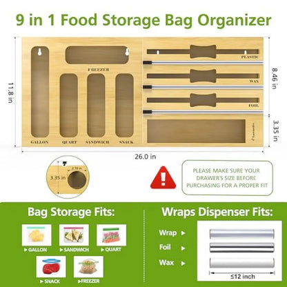 9 in 1 Kitchen Drawer Bag Storage Organizer with Foil and Plastic Wrap Dispenser Cutter Baggie Organizer Box Bamboo Stainless