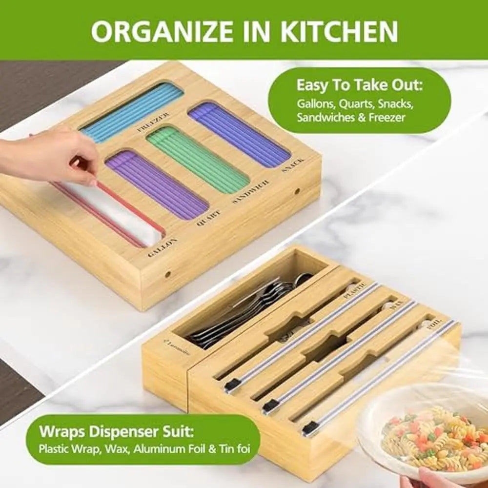 9 in 1 Kitchen Drawer Bag Storage Organizer with Foil and Plastic Wrap Dispenser Cutter Baggie Organizer Box Bamboo Stainless