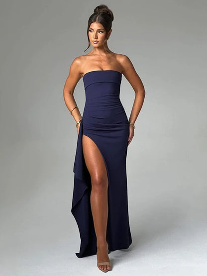 Strapless Asymmetrical High Split Maxi Dress Sexy Black Party Dresses Women Night Luxury Elegant Evening Gown C92-DZ41